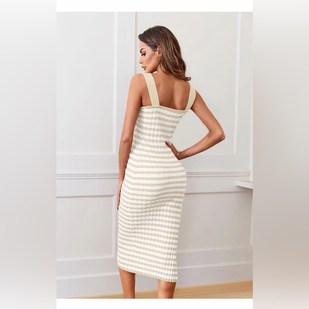 🆕Bodycon Midi Sleeveless Striped Ribbed Knit Party Sweater Dress - Picture 2 of 4